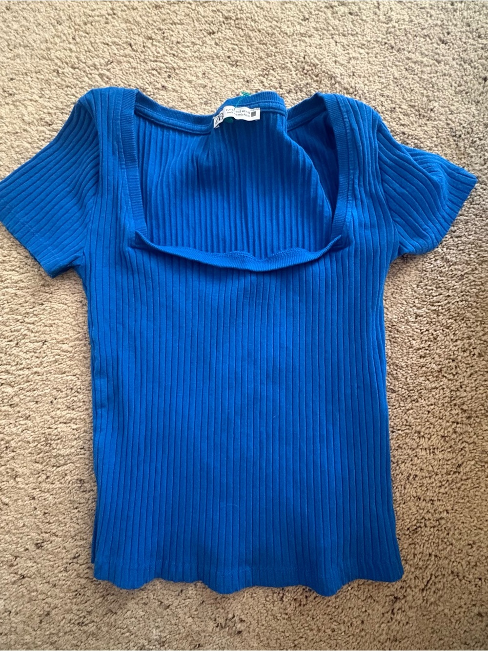 Zara Bright Blue Ribbed Short-Sleeve Square-Neck Top